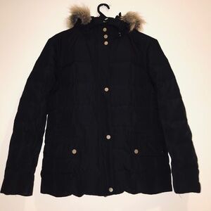 Vintage Y2K Fashion Bug Black Quilted Down Puffer Coat Fur Hood Waterfowl  M